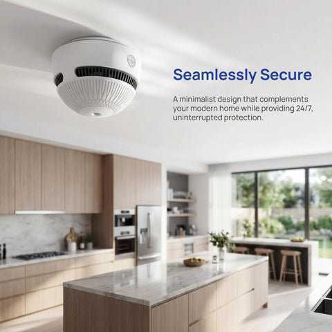 Set It And Forget It Peace Of Mind With This 10 Year Photoelectric Smoke Detector mounted on a ceiling in a modern kitchen.
