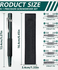 Knockout 13 In 1 Precision Magnetic Screwdriver Set With Serious Hold Magnet And Twelve Replacement Bits, size details and dimensions displayed.