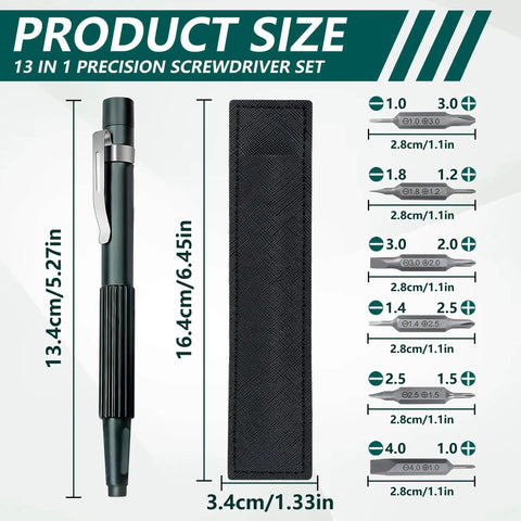 Knockout 13 In 1 Precision Magnetic Screwdriver Set With Serious Hold Magnet And Twelve Replacement Bits, size details and dimensions displayed.
