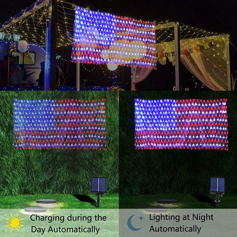 Patriotic Flag String Lights With Solar Or USB Power, 420 LED Net Light illuminating at night in yard setup