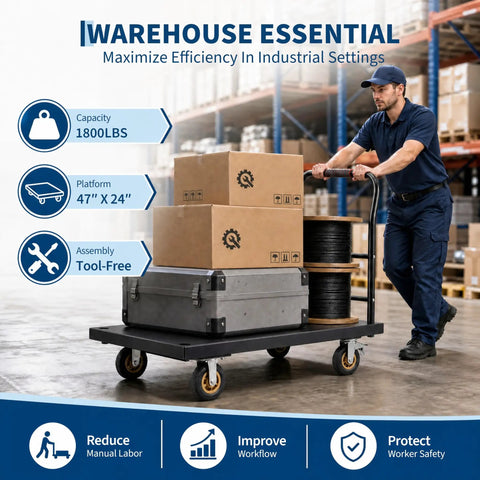 Hella Durable 2000 Lbs Steel Flatbed Cart rolls like butter carrying boxes in a warehouse with precision locking casters.