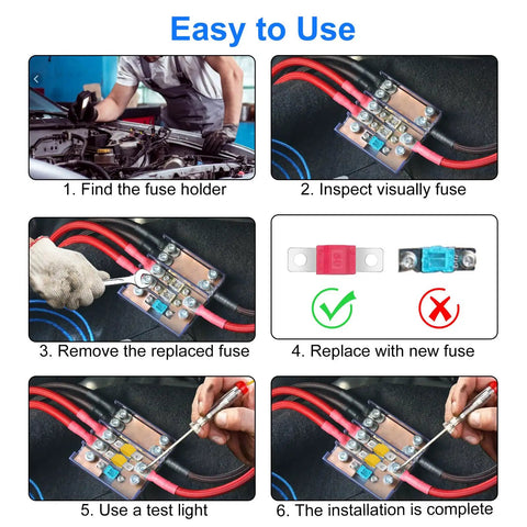 Step-by-step guide for using 18 Piece Midi Fuse Kit With 30A To 175A High Current Automotive Fuses For Car, Truck, RV, Marine, Boat And Solar System, Copper Plated 12V 58V Nylon Body Fuses All In One Set