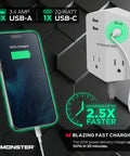 Power Shield XL Surge Protector with outlet extender showing phone charging, four AC outlets, and two USB A ports.