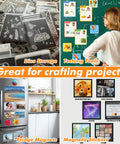Adhesive Magnetic Sheets 8.5 X 11 Inches, 50 Pack, shown in craft projects, die storage, teaching tools, fridge magnets, and sticker displays.