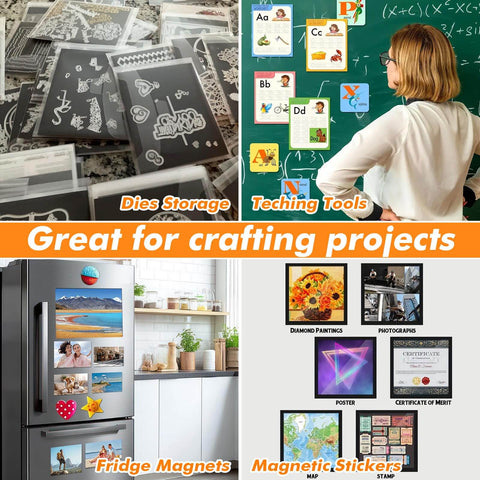 Adhesive Magnetic Sheets 8.5 X 11 Inches, 50 Pack, shown in craft projects, die storage, teaching tools, fridge magnets, and sticker displays.