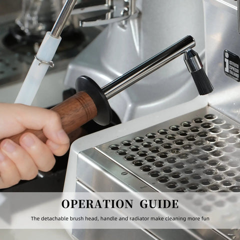 Barista holding Pro Grade High Pressure Steam Coffee Brush For Espresso Machines With Anti Scalding Handle And Dual Brush Heads