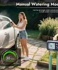 Woman using Two Zone Water Timer For Garden Hose With Brass Inlet, set to manual watering mode, near a car, outdoor setting