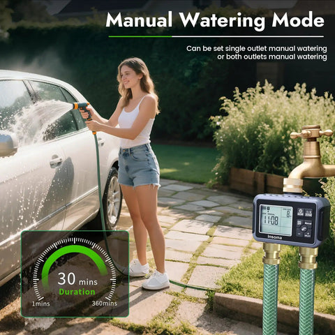 Woman using Two Zone Water Timer For Garden Hose With Brass Inlet, set to manual watering mode, near a car, outdoor setting