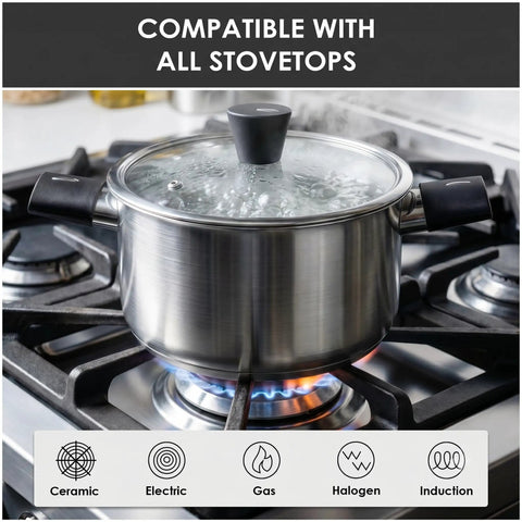 Stainless Steel Pots And Pans Set 6 Piece Non Toxic Cookware With Glass Lids Induction Compatible Dishwasher Safe Even Heating For Everyday Cooking Saucepan Stockpot And Saute Pan on gas stove