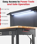 60 Inch Heavy Duty Workbench With Wheels And Adjustable Height, Real Deal Heavy Beast With Solid Rubberwood Top showing built-in light strip and AC outlet.
