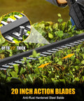Cordless Hedge Trimmer For 20V Max Battery, 20 Inch Blade, cutting through shrub, blade close-up, anti-rust steel, lightweight