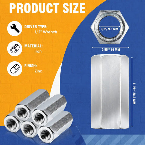 Five Pack 3/8-24 By 1-1/8 Inch Hex Coupling Nuts With Zinc Plated Finish For Threaded Rod Connections, product dimensions chart
