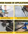 Drill-mounted metal cutter collage showing iron mesh, steel sheet, aluminum plate, and color-steel tile being cut
