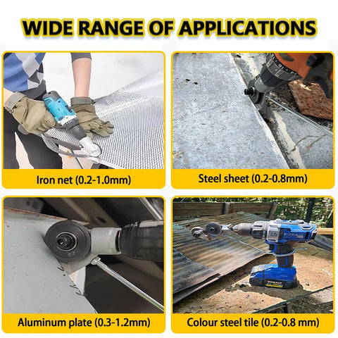 Drill-mounted metal cutter collage showing iron mesh, steel sheet, aluminum plate, and color-steel tile being cut
