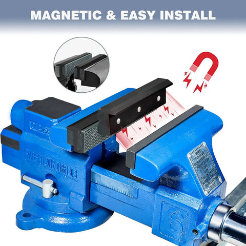 Magnetic 4 Inch Vise Jaws Set With Soft Rubber Pads attached to blue vise, showing magnetic hold, Universal Protector Pads, black.