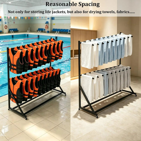 Keep Your Poolside Gear Slick And Stored With This Heavy Duty Metal Life Vest Rack Serving As A Large Equipment Organizer Featuring Roll Wheels For Fast Drying Access, holding life vests and towels.