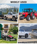 Collage of vehicles and equipment: tractor, truck towing a trailer, truck towing a boat, and a lawn mower in use.