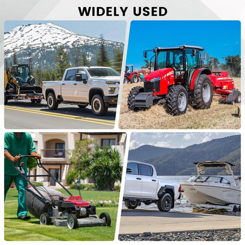 Collage of vehicles and equipment: tractor, truck towing a trailer, truck towing a boat, and a lawn mower in use.