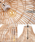 Close-up details of Small Rattan Pendant Light For Kitchen Island With Boho Wicker Chandelier Look hand woven design.