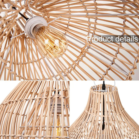 Close-up details of Small Rattan Pendant Light For Kitchen Island With Boho Wicker Chandelier Look hand woven design.