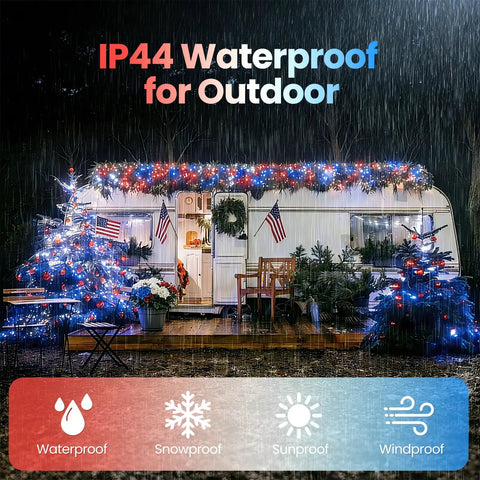 IP44 outdoor waterproof test for solar red white and blue string lights decorating a camper and trees in rain