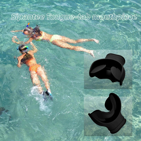 Black silicone mouthpiece with regulator ties for scuba snorkeling shown with swimmers in ocean