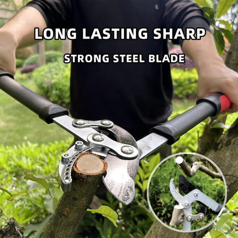 Heavy Duty Lopper With Compound Action Tree Cutter for thick branches up to 1.6 inches, 18 inch pruner in action cutting branch.