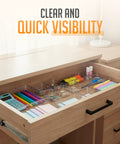 Clear Drawer Organizer Set 25 Piece Plastic Storage Bins For Desk Kitchen Bathroom And Vanity Modular Stackable Trays Non Slip Organizer For Makeup Utensils Office Supplies in wooden desk drawer, showing stationery organization.