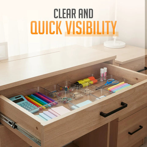 Clear Drawer Organizer Set 25 Piece Plastic Storage Bins For Desk Kitchen Bathroom And Vanity Modular Stackable Trays Non Slip Organizer For Makeup Utensils Office Supplies in wooden desk drawer, showing stationery organization.