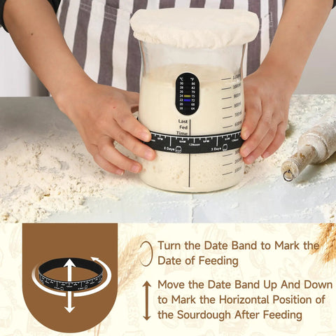 Person using Large Capacity Sourdough Starter Kit With 50oz Jar And 17 Flavorful Fermentation Recipes. Hands adjusting date band.