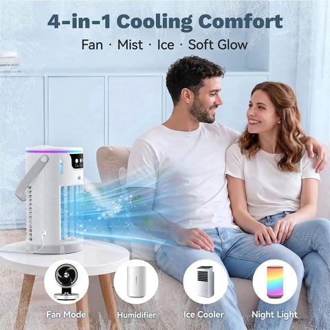 Evaporative Mini AC Fan With Ice Mist Cooler on table next to couple, showcasing cooling mist feature and 4-in-1 functions.