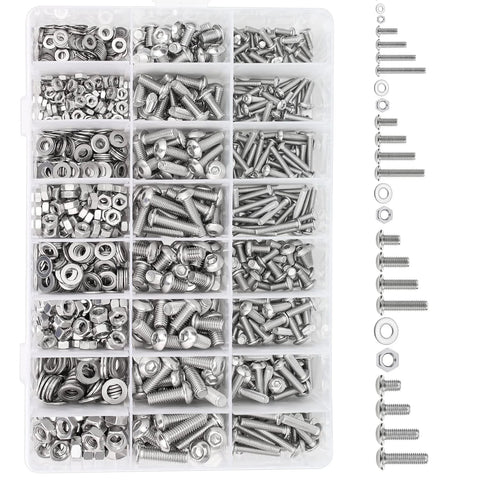 Front view of a clear 20-compartment organizer with 304 stainless steel M3–M6 button-head socket screws, washers and nuts.