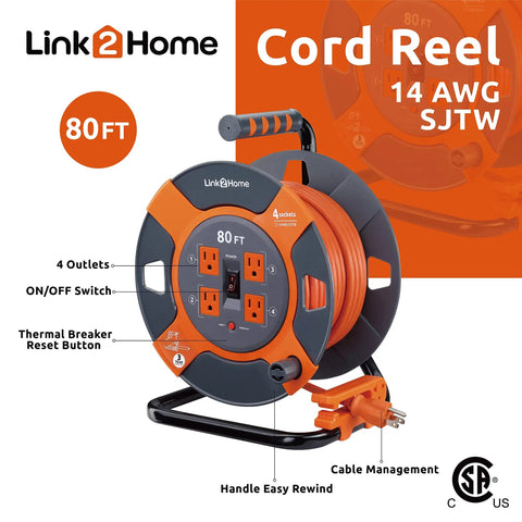 Heavy Duty 80 Foot Cord Reel Extension Cord With Four Outlets High Visibility 14 AWG SJTW Cable Tangle Free Cord Management Built In Reel And Safety Circuit Breaker For Overload Protection