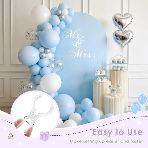 Spring Clamps Set 10 Pieces 3.5 Inch Clear Plastic Clips With 50 Balloon Clips For Balloon Arch Backdrop Craft Decoration Projects Super Handy Durable Great For Events used in a wedding setup with balloons.