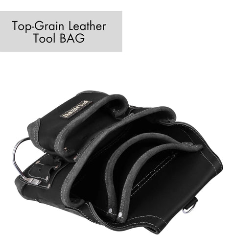 Black Full Grain Leather Tool Pouch With 10 Pockets And Dual Hammer Holster, open view showing interior details