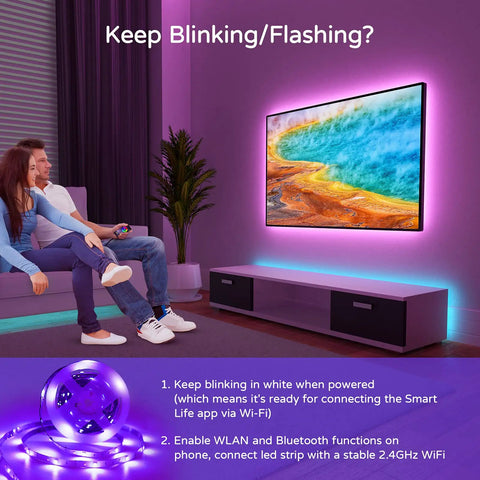Chill USB TV Backlight Strip for 60 to 72 Inch TVs 14.9 Foot RGBW Color Changing Bias Lighting illuminating TV in living room.