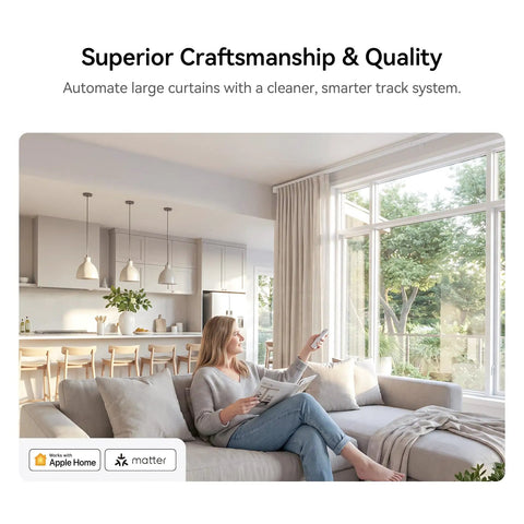 Motorized Smart Electric Curtain Track With Remote App And Voice Control For Alexa Google Home And Apple Home No Cut 89 To 160 Inches Easy Setup No Fuss And Smooth Quiet Operation For Your Windows, woman using remote in living room