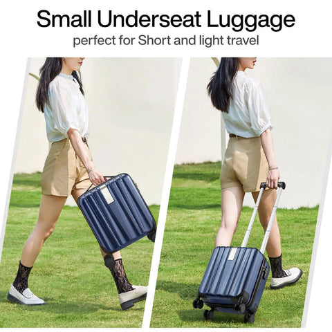 Woman carrying a 14 Inch Underseat Carry On Luggage With Wheels Hard Shell Carry On Suitcase Lightweight Weekender Travel Bag Dark Blue.