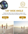 3 In 1 Phone Lens Kit For Android With 198 Degree Fisheye, 120 Degree Wide And Macro - Clip-On Cell Phone Lenses For Samsung Galaxy And More, Aluminum Build For Crisp, Creative Shots On The Go showing wide angle before and after beach scene comparison.