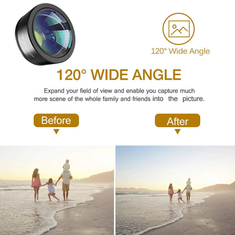 3 In 1 Phone Lens Kit For Android With 198 Degree Fisheye, 120 Degree Wide And Macro - Clip-On Cell Phone Lenses For Samsung Galaxy And More, Aluminum Build For Crisp, Creative Shots On The Go showing wide angle before and after beach scene comparison.