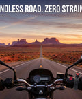 Universal Motorcycle Throttle Cruise Control And Motor Assist With Anti Slip Accelerator Clamp Durable Abs Twist Grip To Make Long Highway Rides Roll Easy In Classic Matte Black Finish on open road with mountains.