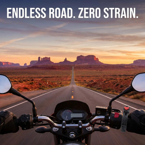 Universal Motorcycle Throttle Cruise Control And Motor Assist With Anti Slip Accelerator Clamp Durable Abs Twist Grip To Make Long Highway Rides Roll Easy In Classic Matte Black Finish on open road with mountains.