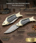 Damascus Fish Style Folding Knife With Ladder Pattern Blade Handmade Damascus Steel Pocket Knife For Everyday Carry on wood surface.