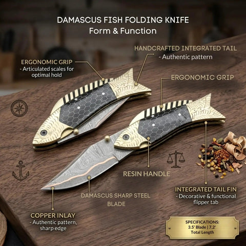 Damascus Fish Style Folding Knife With Ladder Pattern Blade Handmade Damascus Steel Pocket Knife For Everyday Carry on wood surface.