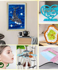 Collage of DIY crafts using Pearlescent Cast Acrylic Sheets 1/8 Inch Thick In Aqua With Ocean Ripple Pattern.