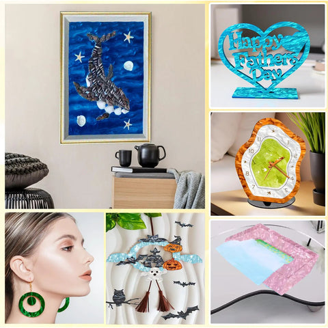 Collage of DIY crafts using Pearlescent Cast Acrylic Sheets 1/8 Inch Thick In Aqua With Ocean Ripple Pattern.