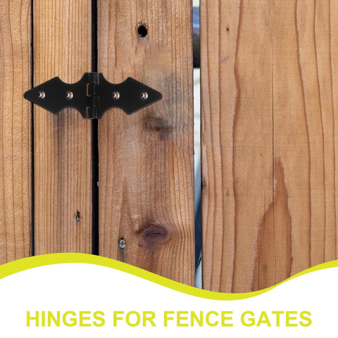 Matte Black 10 Pack Heavy Duty Fence Gate Hinges For Outdoor Yard Iron Garden Door Replacement Beefy Hinges mounted on wood fence