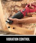 Beast Power 7.5 Amp Variable Speed Reciprocating Saw cutting wood with vibration control and tool-less blade change