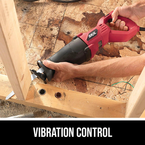 Beast Power 7.5 Amp Variable Speed Reciprocating Saw cutting wood with vibration control and tool-less blade change