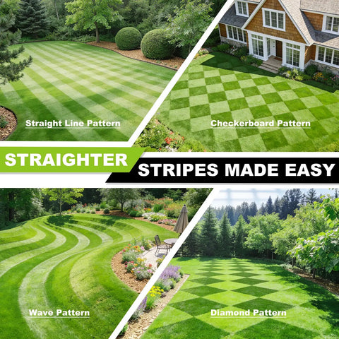 D Ring Quick Mount Lawn Striping Kit for EGO 21 Inch and Ryobi mowers showcasing straight, checkerboard, wave, diamond patterns